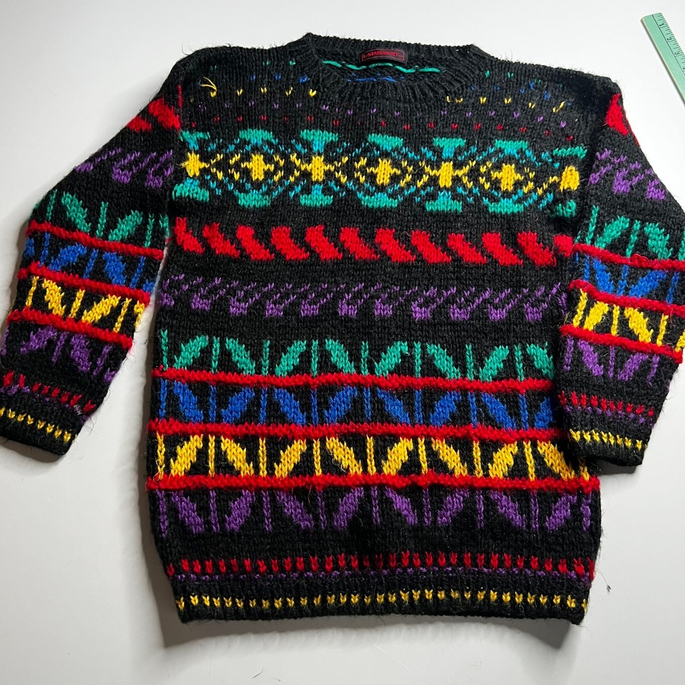 Vintage L Simsbury Ltd 80s Geometric Fair Isle Knit Sweater Black Multi Color